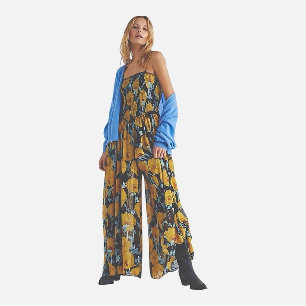 Free People Sophia Wide Leg Smocked Bodice Yellow Free Spirit Boho Cottagecore